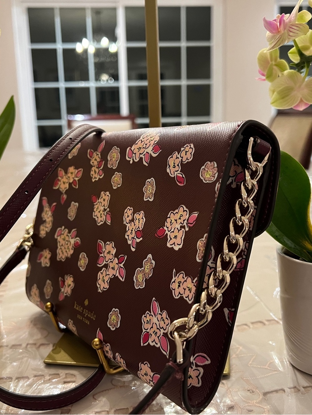 Kate Spade Floral Crossbody Wallet On Chain Burgundy Pink Boutique Luxury - Picture 6 of 12